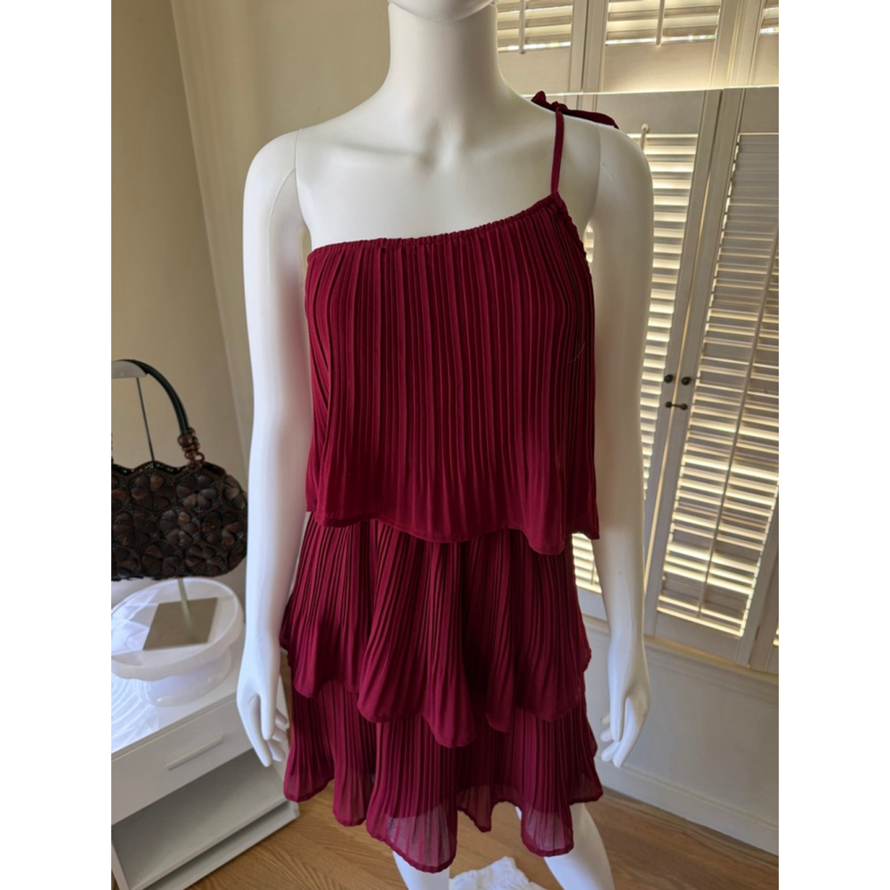 ZESICA Burgundy Pleated One Shoulder Mini Dress S - Picture 2 of 5